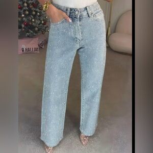 High Rise Straight Leg Jeans Sparkly Denim with Crystal Rhinestone S NWOT